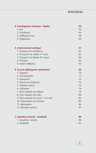 7
ΠΕΡΙΕΧΟΜΕΝΑ
4. Κυκλοφορικό σύστηµα - Καρδιά	 53
1. Σοκ	 54
2. Λιποθυµία	 56
3. Αλλεργικό σοκ	 58	
4. Έµφραγµα	 60
5. Αναπνευστικό σύστηµα	 61
1. Πνιγµονή σε ενηλίκους	 62
2. Πνιγµονή σε παιδιά 1-7 ετών	 63
3. Πνιγµονή σε βρέφη 0-1 έτους 	 64
4. Πνιγµός	 65
5. Κρίση άσθµατος	 66
6. Συχνές καθηµερινές καταστάσεις	 69
1. Πυρετός	 70
2. Πονοκέφαλος	 71
3. Ηµικρανία	 73
4. Έµετος και διάρροια	 74
5. Υστερική κρίση	 76
6. Λόξυγκας	 78
7. Ξένα σώµατα στο δέρµα	 79
8. Ξένα σώµατα στο µάτι	 80
9. Ξένα σώµατα στη µύτη - στο αυτί	 82
10. Τσιµπήµατα από έντοµα	 84
11. ∆αγκώµατα	 86
12. ∆άγκωµα φιδιού	 87
7. Αιφνίδιος τοκετός - Αποβολή	 89
1. Αιφνίδιος τοκετός	 90
2. Αποβολή	 93
 