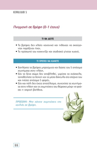 66
Πνιγµονή σε βρέφη (0-1 έτους)
ΤΙ ΘΑ ∆ΕΙΤΕ
• Το βρέφος δεν κλαίει κανονικά και πιθανώς να ακούγο-
νται παράξενοι ήχοι.
• Το πρόσωπό του κοκκινίζει και σταδιακά γίνεται κυανό.
ΤΙ ΠΡΕΠΕΙ ΝΑ ΚΑΝΕΤΕ
• Ξαπλώστε το βρέφος µπρούµυτα και δώστε του 5 απότοµα
χτυπήµατα στην πλάτη.
• Εάν το ξένο σώµα δεν αποβληθεί, γυρίστε το ανάσκελα,
τοποθετήστε το δείκτη και το µέσο δάκτυλο στο στέρνο του
και πιέστε απότοµα 5 φορές.
• Εάν και πάλι δεν έχετε αποτέλεσµα, συνεχίστε τα χτυπήµα-
τα στην πλάτη και τις συµπιέσεις του θώρακα µέχρι να φτά-
σει η ιατρική βοήθεια.
ΠΡΟΣΟΧH: Μην κάνετε συµπιέσεις της
κοιλιάς σε βρέφη.
ΚΕΦΑΛΑΙΟ 5
 