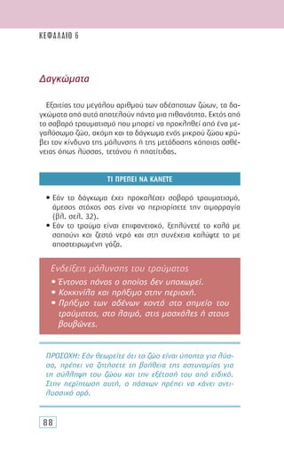 88
∆αγκώµατα
Εξαιτίας του µεγάλου αριθµού των αδέσποτων ζώων, τα δα-
γκώµατα από αυτά αποτελούν πάντα µια πιθανότητα. Εκτός από
το σοβαρό τραυµατισµό που µπορεί να προκληθεί από ένα µε-
γαλόσωµο ζώο, ακόµη και το δάγκωµα ενός µικρού ζώου κρύ-
βει τον κίνδυνο της µόλυνσης ή της µετάδοσης κάποιας ασθέ-
νειας όπως λύσσας, τετάνου ή ηπατίτιδας.
ΤΙ ΠΡΕΠΕΙ ΝΑ ΚΑΝΕΤΕ
• Εάν το δάγκωµα έχει προκαλέσει σοβαρό τραυµατισµό,
άµεσος στόχος σας είναι να περιορίσετε την αιµορραγία
(βλ. σελ. 32).
• Εάν το τραύµα είναι επιφανειακό, ξεπλύνετέ το καλά µε
σαπούνι και ζεστό νερό και στη συνέχεια καλύψτε το µε
αποστειρωµένη γάζα.
ΠΡΟΣΟΧH: Εάν θεωρείτε ότι το ζώο είναι ύποπτο για λύσ-
σα, πρέπει να ζητήσετε τη βοήθεια της αστυνοµίας για
τη σύλληψη του ζώου και την εξέτασή του από ειδικό.
Στην περίπτωση αυτή, ο πάσχων πρέπει να κάνει αντι-
λυσσικό ορό.
Eνδείξεις μόλυνσης του τραύματος
• Έντονος πόνος ο οποίος δεν υποχωρεί.
• Κοκκινίλα και πρήξιµο στην περιοχή.
• Πρήξιµο των αδένων κοντά στο σηµείο του
τραύµατος, στο λαιµό, στις µασχάλες ή στους
βουβώνες.
ΚΕΦΑΛΑΙΟ 6
 