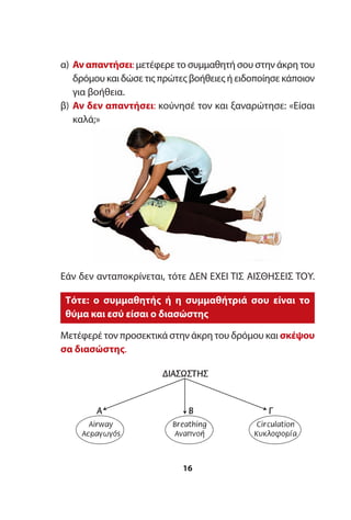 α) Αν απαντήσει: μετέφερε το συμμαθητή σου στην άκρη του
δρόμου και δώσε τις πρώτες βοήθειες ή ειδοποίησε κάποιον
για βοήθεια.
β) Αν δεν απαντήσει: κούνησέ τον και ξαναρώτησε: «Είσαι
καλά;»
16
Εάν δεν ανταποκρίνεται, τότε ΔΕΝ ΕΧΕΙ ΤΙΣ ΑΙΣΘΗΣΕΙΣ ΤΟΥ.
Μετέφερέ τον προσεκτικά στην άκρη του δρόμου και σκέψου
σα διασώστης.
Τότε: ο συμμαθητής ή η συμμαθήτριά σου είναι το
θύμα και εσύ είσαι ο διασώστης
∆ΙΑΣΩΣΤΗΣ∆ΙΑΣΩΣΤΗΣ
Breathing
Αναπνοή
Circulation
Κυκλοφορία
Airway
Αεραγωγός
ΑΑ BB ΓΓ
 