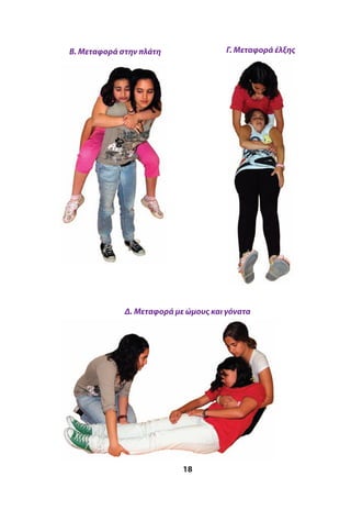 18
Β. Μεταφορά στην πλάτη Γ. Μεταφορά έλξης
Δ. Μεταφορά με ώμους και γόνατα
 