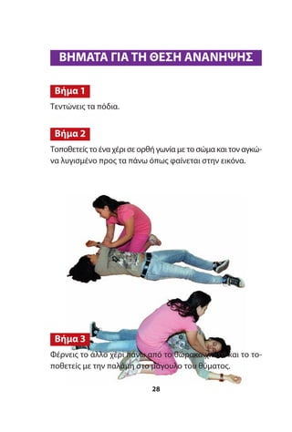 Τεντώνεις τα πόδια.
Τοποθετείς το ένα χέρι σε ορθή γωνία με το σώμα και τον αγκώ-
να λυγισμένο προς τα πάνω όπως φαίνεται στην εικόνα.
Βήμα 2
Βήμα 1
Φέρνεις το άλλο χέρι πάνω από το θώρακα χιαστί και το το-
ποθετείς με την παλάμη στο μάγουλο του θύματος.
Βήμα 3
28
ΒΗΜΑΤΑ ΓΙΑ ΤΗ ΘΕΣΗ ΑΝΑΝΗΨΗΣ
 