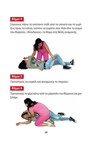 Τακτοποιείς το κεφάλι και ανυψώνεις το πηγούνι.
Τακτοποιείς το χέρι κάτω από το μάγουλο του θύματος σα μα-
ξιλάρι.
Βήμα 5
Βήμα 6
Σηκώνεις πάνω το απέναντι πόδι από το γόνατο και το γυρί-
ζεις προς τα εσένα, ώσπου να γυρίσει στο πλάι όλο το σώμα
του θύματος. «Κλειδώνεις» το θύμα στη θέση αναμονής.
Βήμα 4
29
 