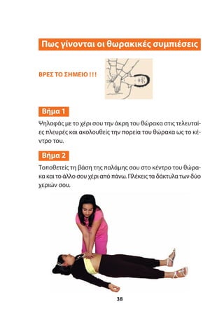ΒΡΕΣ ΤΟ ΣΗΜΕΙΟ !!!
38
Ψηλαφάς με το χέρι σου την άκρη του θώρακα στις τελευταί-
ες πλευρές και ακολουθείς την πορεία του θώρακα ως το κέ-
ντρο του.
Τοποθετείς τη βάση της παλάμης σου στο κέντρο του θώρα-
κα και το άλλο σου χέρι από πάνω. Πλέκεις τα δάκτυλα των δύο
χεριών σου.
Βήμα 1
Βήμα 2
Πως γίνονται οι θωρακικές συμπιέσεις
 