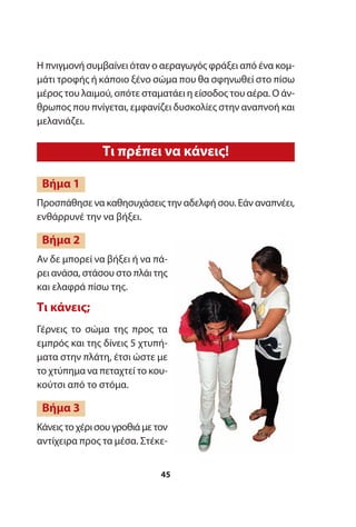 Προσπάθησε να καθησυχάσεις την αδελφή σου. Εάν αναπνέει,
ενθάρρυνέ την να βήξει.
Αν δε μπορεί να βήξει ή να πά-
ρει ανάσα, στάσου στο πλάι της
και ελαφρά πίσω της.
Τι κάνεις;
Γέρνεις το σώμα της προς τα
εμπρός και της δίνεις 5 χτυπή-
ματα στην πλάτη, έτσι ώστε με
το χτύπημα να πεταχτεί το κου-
κούτσι από το στόμα.
Κάνεις το χέρι σου γροθιά με τον
αντίχειρα προς τα μέσα. Στέκε-
Βήμα 3
Βήμα 2
Βήμα 1
Η πνιγμονή συμβαίνει όταν ο αεραγωγός φράξει από ένα κομ-
μάτι τροφής ή κάποιο ξένο σώμα που θα σφηνωθεί στο πίσω
μέρος του λαιμού, οπότε σταματάει η είσοδος του αέρα. Ο άν-
θρωπος που πνίγεται, εμφανίζει δυσκολίες στην αναπνοή και
μελανιάζει.
45
Τι πρέπει να κάνεις!
 