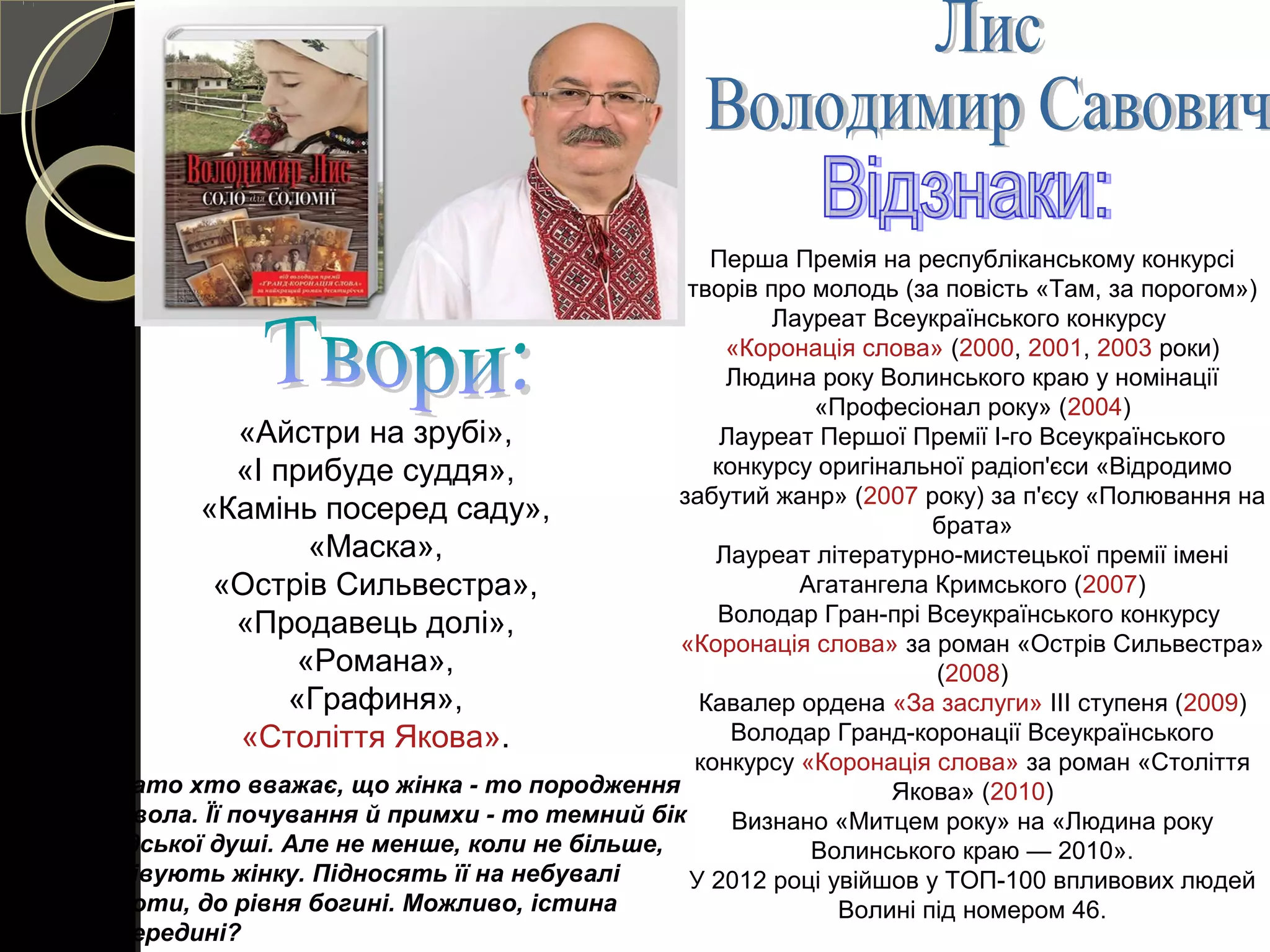 «Айстри на зрубі»,
«І прибуде суддя»,
«Камінь посеред саду»,
«Маска»,
«Острів Сильвестра»,
«Продавець долі»,
«Романа»,
«Графиня»,
«Століття Якова».
Перша Премія на республіканському конкурсі
творів про молодь (за повість «Там, за порогом»)
Лауреат Всеукраїнського конкурсу
«Коронація слова» (2000, 2001, 2003 роки)
Людина року Волинського краю у номінації
«Професіонал року» (2004)
Лауреат Першої Премії І-го Всеукраїнського
конкурсу оригінальної радіоп'єси «Відродимо
забутий жанр» (2007 року) за п'єсу «Полювання на
брата»
Лауреат літературно-мистецької премії імені
Агатангела Кримського (2007)
Володар Гран-прі Всеукраїнського конкурсу
«Коронація слова» за роман «Острів Сильвестра»
(2008)
Кавалер ордена «За заслуги» ІІІ ступеня (2009)
Володар Гранд-коронації Всеукраїнського
конкурсу «Коронація слова» за роман «Століття
Якова» (2010)
Визнано «Митцем року» на «Людина року
Волинського краю — 2010».
У 2012 році увійшов у ТОП-100 впливових людей
Волині під номером 46.
Багато хто вважає, що жінка - то породження
диявола. Її почування й примхи - то темний бік
людської душі. Але не менше, коли не більше,
оспівують жінку. Підносять її на небувалі
висоти, до рівня богині. Можливо, істина
посередині?
 