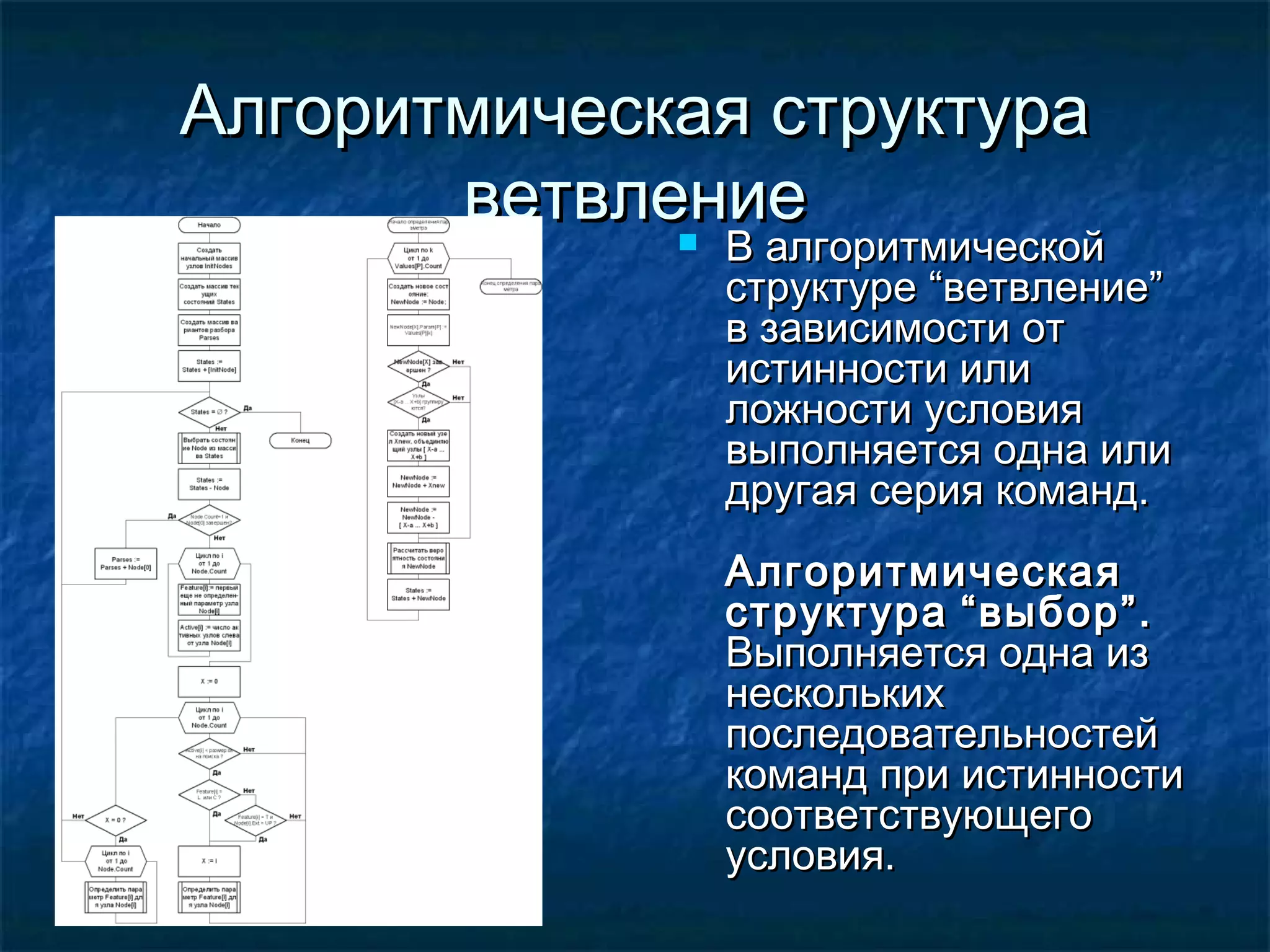 Алгоритмическая структураАлгоритмическая структура
ветвлениеветвление В алгоритмическойВ алгоритмической
структуреструктуре ““ветвлениеветвление””
в зависимости отв зависимости от
истинности илиистинности или
ложности условияложности условия
выполняется одна иливыполняется одна или
другая серия команд.другая серия команд.
АлгоритмическаяАлгоритмическая
структураструктура ““выборвыбор””..
Выполняется одна изВыполняется одна из
несколькихнескольких
последовательностейпоследовательностей
команд при истинностикоманд при истинности
соответствующегосоответствующего
условия.условия.
 