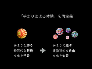 「手まりによる体験」を再定義
文化を学習
手まりを飾る 手まりで遊ぶ
非物質的な自由物質的な制約
文化を楽習
 