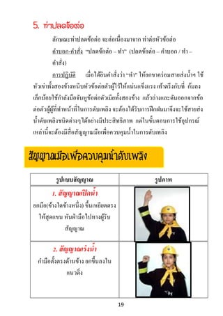 19
5. ท่าปลดข้อต่อ
ลักษณะท่าปลดข้อต่อ จะต่อเนื่องมาจาก ท่าต่อหัวข้อต่อ
คาบอก-คาสั่ง “ปลดข้อต่อ ‟ ทา” (ปลดข้อต่อ ‟ คาบอก / ทา ‟
คาสั่ง)
การปฏิบัติ เมื่อได้ยินคาสั่งว่า “ทา” ให้ยกขาคร่อมสายส่งน้าฯ ใช้
หัวเข่าทั้งสองข้างหนีบหัวข้อต่อตัวผู้ไว้ให้แน่นแข็งแรง เท้าตรึงกับที่ ก้มลง
เล็กน้อยใช้กาลังมือจับหูข้อต่อตัวเมียทั้งสองข้าง แล้วถ่างและดันออกจากข้อ
ต่อตัวผู้ผู้ที่ทาหน้าที่ในการดับเพลิง จะต้องได้รับการฝึกฝนมาจึงจะใช้สายส่ง
น้าดับเพลิงชนิดต่างๆได้อย่างมีประสิทธิภาพ แต่ในขั้นตอนการใช้อุปกรณ์
เหล่านี้จะต้องมีสื่อสัญญาณมือเพื่อควบคุมน้าในการดับเพลิง
รูปแบบสัญญาณ รูปภาพ
1. สัญญาณเปิดน้า
ยกมือ(ข้างใดข้างหนึ่ง) ขึ้นเหยียดตรง
ให้สุดแขน หันฝ่ามือไปทางผู้รับ
สัญญาณ
2. สัญญาณเร่งน้า
กามือตั้งตรงด้านข้าง ยกขึ้นลงใน
แนวดิ่ง
สัญญาณมือเพื่อควบคุมน้าดับเพลิง
 