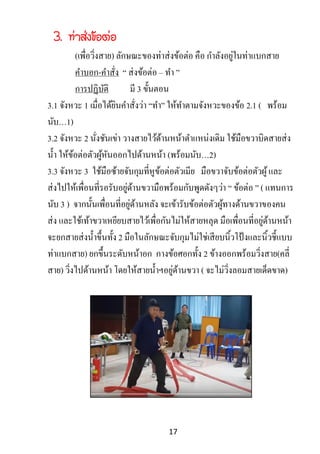 17
3. ท่าส่งข้อต่อ
(เพื่อวิ่งสาย) ลักษณะของท่าส่งข้อต่อ คือ กาลังอยู่ในท่าแบกสาย
คาบอก-คาสั่ง “ ส่งข้อต่อ ‟ ทา ”
การปฏิบัติ มี 3 ขั้นตอน
3.1 จังหวะ 1 เมื่อได้ยินคาสั่งว่า “ทา” ให้ทาตามจังหวะของข้อ 2.1 ( พร้อม
นับ…1)
3.2 จังหวะ 2 นั่งชันเข่า วางสายไว้ด้านหน้าตาแหน่งเดิม ใช้มือขวาบิดสายส่ง
น้า ให้ข้อต่อตัวผู้หันออกไปด้านหน้า (พร้อมนับ…2)
3.3 จังหวะ 3 ใช้มือซ้ายจับกุมที่หูข้อต่อตัวเมีย มือขวาจับข้อต่อตัวผู้และ
ส่งไปให้เพื่อนที่รอรับอยู่ด้านขวามือพร้อมกับพูดดังๆว่า “ ข้อต่อ ” ( แทนการ
นับ 3 ) จากนั้นเพื่อนที่อยู่ด้านหลัง จะเข้ารับข้อต่อตัวผู้ทางด้านขวาของคน
ส่ง และใช้เท้าขวาเหยียบสายไว้เพื่อกันไม่ให้สายหลุด มือเพื่อนที่อยู่ด้านหน้า
จะยกสายส่งน้าขึ้นทั้ง 2 มือในลักษณะจับกุมไม่ใช่เสียบนิ้วโป้ งและนิ้วชี้แบบ
ท่าแบกสาย) ยกขึ้นระดับหน้าอก กางข้อศอกทั้ง 2 ข้างออกพร้อมวิ่งสาย(คลี่
สาย) วิ่งไปด้านหน้า โดยให้สายน้าฯอยู่ด้านขวา ( จะไม่วิ่งลอมสายเด็ดขาด)
 