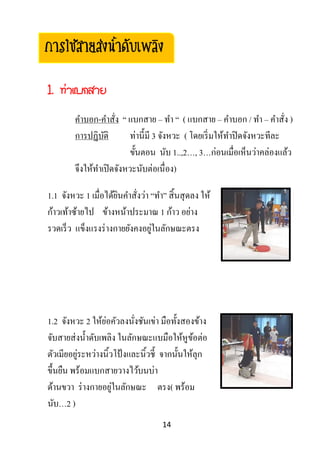 14
1. ท่าแบกสาย
คาบอก-คาสั่ง “ แบกสาย ‟ ทา “ ( แบกสาย ‟ คาบอก / ทา ‟ คาสั่ง )
การปฏิบัติ ท่านี้มี 3 จังหวะ ( โดยเริ่มให้ทาปิดจังหวะทีละ
ขั้นตอน นับ 1..,2…, 3…ก่อนเมื่อเห็นว่าคล่องแล้ว
จึงให้ทาเปิดจังหวะนับต่อเนื่อง)
1.1 จังหวะ 1 เมื่อได้ยินคาสั่งว่า “ทา” สิ้นสุดลง ให้
ก้าวเท้าซ้ายไป ข้างหน้าประมาณ 1 ก้าว อย่าง
รวดเร็ว แข็งแรงร่างกายยังคงอยู่ในลักษณะตรง
1.2 จังหวะ 2 ให้ย่อคัวลงนั่งชันเข่า มือทั้งสองข้าง
จับสายส่งน้าดับเพลิง ในลักษณะแบมือให้หูข้อต่อ
ตัวเมียอยู่ระหว่างนิ้วโป้ งและนิ้วชี้ จากนั้นให้ลุก
ขึ้นยืน พร้อมแบกสายวางไว้บนบ่า
ด้านขวา ร่างกายอยู่ในลักษณะ ตรง( พร้อม
นับ…2 )
การใช้สายส่งน้าดับเพลิง
 