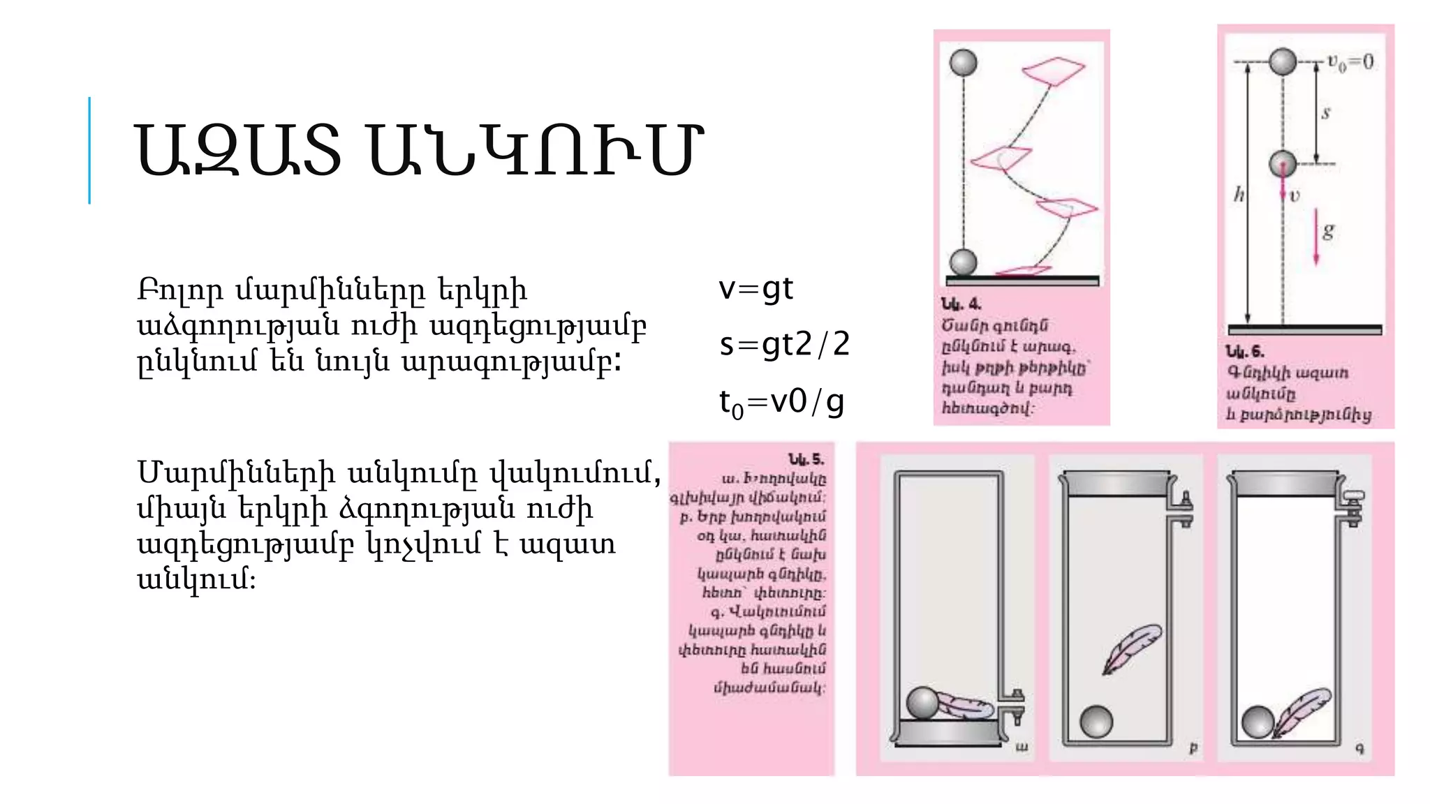 ԱԶԱՏ ԱՆԿՈՒՄ
Բոլոր մարմինները երկրի
աձգողության ուժի ազդեցությամբ
ընկնում են նույն արագությամբ։
Մարմինների անկումը վակումում,
միայն երկրի ձգողության ուժի
ազդեցությամբ կոչվում է ազատ
անկում։
v=gt
s=gt2/2
t0=v0/g
 