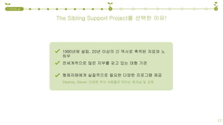 The Sibling Support Project를 선택한 이유!
1.국내외 실
태
2 3
17
1990년에 설립, 20년 이상의 긴 역사로 축적된 자료와 노
하우
전세계적으로 많은 지부를 갖고 있는 대형 기관
형제자매에게 실질적으로 필요한 다양한 프로그램 제공
Sibshop, Sibnet, 다양한 주의 사람들이 모이는 워크샵 및 교육
 