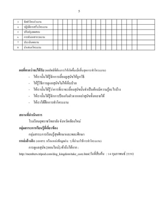 5
3 จัดทาโครงร่างงาน
4 ปฏิบัติการสร้างโครงงาน
5 ปรับปรุงทดสอบ
6 การทาเอกสารรายงาน
7 ประเมินผลงาน
8 นาเสนอโครงงาน
ผลที่คาดว่าจะได้รับ (ผลลัพธ์ที่ต้องการให้เกิดขึ้นเมื่อสิ้นสุดการทาโครงงาน)
- ให้เรานั้นได้รู้จักการเลี้ยงดูสุนัขให้ถูกวิธี
- ให้รู้วิธีการดูแลสุนัขไม่ให้เจ็บป่วย
- ให้เรานั้นได้รู้ว่าการที่เราจะเลี้ยงสุนัขนั้นจาเป็นต้องมีความรู้อะไรบ้าง
- ให้เรานั้นได้รู้จักการป้ องกันตัวจากเหล่าสุนัขทั้งหลายได้
- ให้เราได้ฝึกการทาโครงงาน
สถานที่ดาเนินการ
โรงเรียนยุพราชวิทยาลัย จังหวัดเชียงใหม่
กลุ่มสาระการเรียนรู้ที่เกี่ยวข้อง
กลุ่มสาระการเรียนรู้สุขศึกษาและพละศึกษา
แหล่งอ้างอิง (เอกสาร หรือแหล่งข้อมูลต่าง ๆที่นามาใช้การทาโครงงาน)
การดูแลสุนัข.[ออนไลน์].เข้าถึงได้จาก :
http://members.tripod.com/dog_kingdom/take_care.htm(วันที่สืบค้น : 14 กุมภาพนธ์ 2559)
 