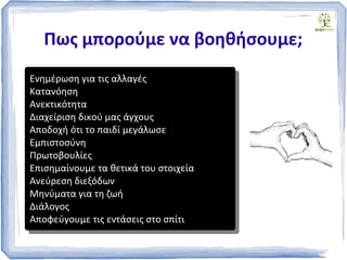 Πως μπορούμε να βοηθήσουμε;
Ενημέρωση για τις αλλαγές
Κατανόηση
Ανεκτικότητα
Διαχείριση δικού μας άγχους
Αποδοχή ότι το παιδί μεγάλωσε
Εμπιστοσύνη
Πρωτοβουλίες
Επισημαίνουμε τα θετικά του στοιχεία
Ανεύρεση διεξόδων
Μηνύματα για τη ζωή
Διάλογος
Αποφεύγουμε τις εντάσεις στο σπίτι
Ενημέρωση για τις αλλαγές
Κατανόηση
Ανεκτικότητα
Διαχείριση δικού μας άγχους
Αποδοχή ότι το παιδί μεγάλωσε
Εμπιστοσύνη
Πρωτοβουλίες
Επισημαίνουμε τα θετικά του στοιχεία
Ανεύρεση διεξόδων
Μηνύματα για τη ζωή
Διάλογος
Αποφεύγουμε τις εντάσεις στο σπίτι
 