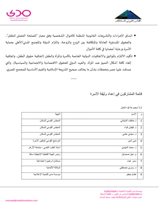 -
‫اإلعالمية‬ ‫للتنمية‬ ‫مدى‬ ‫مؤسسة‬:‫ت‬0344325300
:‫ف‬034432500‫اكتوبر‬ ‫من‬ ‫السادس‬–‫السابعة‬ ‫القطعة‬
:‫داخلي‬3222-3220‫المرشد‬ ‫مسجد‬ ‫بجوار‬ ‫سوميد‬ ‫غرب‬
montada@madafoundation.com
‫اإلا‬ ‫اللاهىهُت‬ ‫والدكغَعاث‬ ‫اءاث‬‫غ‬‫ؤلاح‬ ‫احؿاق‬،"‫للُفل‬ ‫الفًلى‬ ‫"اإلاهلخت‬ ‫معُاع‬ ‫وفم‬ ‫الشخهُت‬ ٌ‫لألخىا‬ ‫ىٓمت‬
‫بدماًت‬ ‫اإلاضوي/ألاهلي‬ ‫واإلاجخمع‬ ‫الضولت‬ ‫ام‬‫ز‬‫والت‬ ،‫والؼوحت‬ ‫الؼوج‬ ‫بحن‬ ‫واإلاخيافئت‬ ‫العاصلت‬ ‫اإلادؿاوٍت‬ ‫ق‬‫والخلى‬
.ٌ‫ألاخىا‬ ‫وافت‬ ‫في‬ ‫أعًائها‬ ‫عاًت‬‫ع‬‫و‬ ‫ألاؾغة‬
‫باألؾغة‬ ‫الخانت‬ ‫الضولُت‬ ‫والاجفاكُاث‬ ‫باإلاىازُم‬ ‫ام‬‫ز‬‫الالت‬ ‫جأهُض‬‫واجفاكُت‬ ،‫الُفل‬ ‫ق‬‫خلى‬ ‫(اجفاكُت‬ ‫والُفل‬ ‫أة‬‫غ‬‫واإلا‬
‫وافت‬ ‫ئلؼاء‬‫أ‬‫و‬ ،‫أة‬‫غ‬‫إلا‬‫ا‬ ‫يض‬ ‫الخمُحز‬ ٌ‫قيا‬‫والؿُاؾُت‬ ‫والاحخماعُت‬ ‫الاكخهاصًت‬ ‫ق‬‫للخلى‬ ‫الضولي‬ ‫العهض‬)،‫والتي‬
‫ًسالف‬ ‫ما‬ ‫بكأن‬ ‫بخدفٓاث‬‫مهغ‬ ‫عليها‬ ‫نضكذ‬‫صخُذ‬.‫ي‬‫اإلاهغ‬ ‫للمجخمع‬ ‫ألاؾاؾُت‬ ‫واللُم‬ ‫ؤلاؾالمُت‬ ‫الكغَعت‬
---
‫المشاركون‬ ‫قائمة‬‫األسرة‬ ‫وثٌقة‬ ‫إعداد‬ ً‫ف‬
‫العمل‬ ‫قوة‬ ‫مجموعة‬ ‫أوال‬
‫م‬‫االسم‬‫الجهة‬
1ً‫الشٌتان‬ ‫د.عاطف‬‫للسكان‬ ً‫القوم‬ ‫المجلس‬
2‫فؤاد‬ ‫فٌفٌان‬ .‫د‬‫للسكان‬ ً‫القوم‬ ‫المجلس‬
3ً‫حلم‬ ‫مجدي‬ .‫د‬‫للسكان‬ ً‫القوم‬ ‫المجلس‬
4‫أمٌن‬ ‫منى‬‫األسرة‬ ‫لتمكٌن‬ ً‫القوم‬ ‫البرنامج‬
5‫المهدي‬ ‫محمد‬ .‫د‬ً‫النفس‬ ‫الطب‬ ‫أستاذ‬-‫جام‬‫األزهر‬ ‫عة‬
6‫صموئٌل‬ ‫نبٌل‬ .‫م‬‫اإل‬ ‫القبطٌة‬ ‫الهٌئة‬ ‫رئٌس‬‫سابقا‬ ‫نجٌلٌة‬
7‫عبده‬ ‫سمر‬‫اجتماعٌة‬ ‫وخبٌرة‬ ‫مستشارة‬
8‫مصطفى‬ ‫ٌسري‬ .‫د‬‫األلمانٌة‬ ‫الوكالة‬
9‫جعفر‬ ‫هشام‬‫اإل‬ ‫للتنمٌة‬ ‫مدى‬ ‫مؤسسة‬‫عالمٌة‬
 