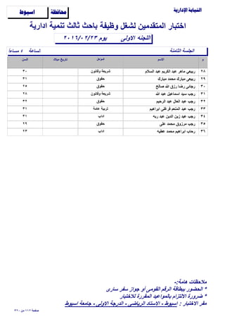 ‫وظيفة‬ ‫لشغل‬ ‫المتقدمين‬ ‫اختبار‬

‫الساعة‬ً‫ا‬‫مساء‬ ٤
‫اﻻولى‬٢٠١٦/٠٢/٢٣
‫ادارية‬ ‫تنمية‬ ‫ثالث‬ ‫باﺣث‬
‫اللجنه‬
‫ﺍﺳﻴﻮﻁ‬ ‫ﳏﺎﻓﻈﺔ‬
‫الثامنة‬ ‫الجلسة‬
‫يوم‬
٢٨‫السﻼم‬ ‫عبد‬ ‫الكريم‬ ‫عبد‬ ‫ماهر‬ ‫ربيعي‬٣٠ ‫وقانون‬ ‫شريعة‬
٢٩‫مبارك‬ ‫مﺣمد‬ ‫مبارك‬ ‫ربيعى‬٣١ ‫ﺣقوق‬
٣٠‫ﺻالح‬ ‫ﷲ‬ ‫رزق‬ ‫رضا‬ ‫رجائى‬٢٥ ‫ﺣقوق‬
٣١‫ﷲ‬ ‫عبد‬ ‫اسماعيل‬ ‫سيد‬ ‫رجب‬٢٨ ‫وقانون‬ ‫شريعة‬
٣٢‫الرﺣيم‬ ‫عبد‬ ‫العال‬ ‫عبد‬ ‫رجب‬٣٢ ‫ﺣقوق‬
٣٣‫ابراهيم‬ ‫فرغلى‬ ‫المنعم‬ ‫عبد‬ ‫رجب‬٣١ ‫عامة‬ ‫تربية‬
٣٤‫ربه‬ ‫عبد‬ ‫الدين‬ ‫زين‬ ‫عيد‬ ‫رجب‬٣١ ‫اداب‬
٣٥‫على‬ ‫مﺣمد‬ ‫مرزوق‬ ‫رجب‬٢٩ ‫ﺣقوق‬
٣٦‫عطيه‬ ‫مﺣمد‬ ‫ابراهيم‬ ‫رﺣاب‬٢٣ ‫اداب‬
٣٢٠ ‫من‬ ١١٢ ‫ﺻفﺣة‬
-:‫هامة‬ ‫مﻼﺣظات‬
‫سارى‬ ‫سفر‬ ‫جواز‬ ‫أو‬ ‫القومى‬ ‫الرقم‬ ‫ببطاقة‬ ‫الﺣضور‬ *
‫لﻼختبار‬ ‫المقررة‬ ‫بالمواعيد‬ ‫اﻻلتزام‬ ‫ضرورة‬ *
: ‫اﻻختبار‬ ‫مقر‬‫اسيوط‬ ‫جامعة‬ - ‫اﻻولى‬ ‫الدرجة‬ - ‫الرياضى‬ ‫اﻻستاد‬ - ‫اسيوط‬
 