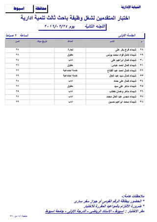 ‫وظيفة‬ ‫لشغل‬ ‫المتقدمين‬ ‫اختبار‬

‫الساعة‬ً‫ا‬‫ﺻباﺣ‬ ٩
‫الثانية‬٢٠١٦/٠٢/٢٤
‫ادارية‬ ‫تنمية‬ ‫ثالث‬ ‫باﺣث‬
‫اللجنه‬
‫ﺍﺳﻴﻮﻁ‬ ‫ﳏﺎﻓﻈﺔ‬
‫اﻻولى‬ ‫الجلسة‬
‫يوم‬
٢٨‫على‬ ‫بكر‬ ‫فرج‬ ‫شيماء‬٢٤ ‫تجارة‬
٢٩‫يونس‬ ‫مﺣمد‬ ‫فؤاد‬ ‫كامل‬ ‫شيماء‬٢٨ ‫ﺣقوق‬
٣٠‫على‬ ‫ابراهيم‬ ‫كمال‬ ‫شيماء‬٢٤ ‫اداب‬
٣١‫عباس‬ ‫اﺣمد‬ ‫كمال‬ ‫شيماء‬٢٦ ‫ﺣقوق‬
٣٢‫الفتاح‬ ‫عبد‬ ‫اﺣمد‬ ‫كمال‬ ‫شيماء‬٢٢ ‫اجتماعية‬ ‫خدمة‬
٣٣‫العال‬ ‫عبد‬ ‫سيد‬ ‫كمال‬ ‫شيماء‬٢٩ ‫اجتماعية‬ ‫خدمة‬
٣٤‫ﺣماد‬ ‫على‬ ‫كمال‬ ‫شيماء‬٢٤ ‫اداب‬
٣٥‫سيد‬ ‫على‬ ‫ماهر‬ ‫شيماء‬٢٧ ‫ﺣقوق‬
٣٦‫خطاب‬ ‫وهمان‬ ‫ماهر‬ ‫شيماء‬٢٥ ‫اداب‬
٣٧‫مﺣمد‬ ‫العال‬ ‫عبد‬ ‫مجدى‬ ‫شيماء‬٢٤ ‫اداب‬
٣٨‫ﺣسين‬ ‫ابراهيم‬ ‫مﺣمد‬ ‫شيماء‬٢٩ ‫اداب‬
٣٢٠ ‫من‬ ١٤٦ ‫ﺻفﺣة‬
-:‫هامة‬ ‫مﻼﺣظات‬
‫سارى‬ ‫سفر‬ ‫جواز‬ ‫أو‬ ‫القومى‬ ‫الرقم‬ ‫ببطاقة‬ ‫الﺣضور‬ *
‫لﻼختبار‬ ‫المقررة‬ ‫بالمواعيد‬ ‫اﻻلتزام‬ ‫ضرورة‬ *
: ‫اﻻختبار‬ ‫مقر‬‫اسيوط‬ ‫جامعة‬ - ‫اﻻولى‬ ‫الدرجة‬ - ‫الرياضى‬ ‫اﻻستاد‬ - ‫اسيوط‬
 