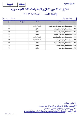‫وظيفة‬ ‫لشغل‬ ‫المتقدمين‬ ‫اختبار‬

‫الساعة‬ً‫ا‬‫مساء‬ ٤
‫اﻻولى‬٢٠١٦/٠٢/٢٨
‫ادارية‬ ‫تنمية‬ ‫ثالث‬ ‫باﺣث‬
‫اللجنه‬
‫ﺍﺳﻴﻮﻁ‬ ‫ﳏﺎﻓﻈﺔ‬
‫الثامنة‬ ‫الجلسة‬
‫يوم‬
٢٨‫الناﺻر‬ ‫عبد‬ ‫علي‬ ‫الﺣميد‬ ‫عبد‬ ‫مﺻطفى‬ ‫مﺣمد‬٢٨ ‫وقانون‬ ‫شريعة‬
٢٩‫يوسف‬ ‫الﺣميد‬ ‫عبد‬ ‫مﺻطفى‬ ‫مﺣمد‬٢٥ ‫ﺣقوق‬
٣٠‫مﺣمد‬ ‫الرﺣمن‬ ‫عبد‬ ‫مﺻطفى‬ ‫مﺣمد‬٢٧ ‫ﺣقوق‬
٣١‫مﺣمود‬ ‫العزيز‬ ‫عبد‬ ‫مﺻطفى‬ ‫مﺣمد‬٢٦ ‫ﺣقوق‬
٣٢‫بهنساوي‬ ‫العظيم‬ ‫عبد‬ ‫مﺻطفى‬ ‫مﺣمد‬٢٦ ‫وقانون‬ ‫شريعة‬
٣٣‫اﺣمد‬ ‫الغنى‬ ‫عبد‬ ‫مﺻطفى‬ ‫مﺣمد‬٢٦ ‫اجتماعية‬ ‫خدمة‬
٣٤‫مبروك‬ ‫الوهاب‬ ‫عبد‬ ‫مﺻطفى‬ ‫مﺣمد‬٣٢ ‫ﺣقوق‬
٣٥‫عمران‬ ‫عثمان‬ ‫مﺻطفى‬ ‫مﺣمد‬٢٧ ‫ﺣقوق‬
٣٦‫سيد‬ ‫على‬ ‫مﺻطفى‬ ‫مﺣمد‬٢٥ ‫ﺣقوق‬
٣٢٠ ‫من‬ ٢٤٠ ‫ﺻفﺣة‬
-:‫هامة‬ ‫مﻼﺣظات‬
‫سارى‬ ‫سفر‬ ‫جواز‬ ‫أو‬ ‫القومى‬ ‫الرقم‬ ‫ببطاقة‬ ‫الﺣضور‬ *
‫لﻼختبار‬ ‫المقررة‬ ‫بالمواعيد‬ ‫اﻻلتزام‬ ‫ضرورة‬ *
: ‫اﻻختبار‬ ‫مقر‬‫اسيوط‬ ‫جامعة‬ - ‫اﻻولى‬ ‫الدرجة‬ - ‫الرياضى‬ ‫اﻻستاد‬ - ‫اسيوط‬
 