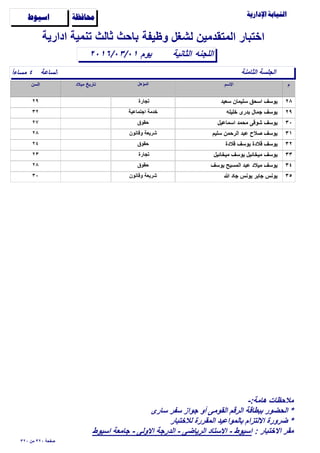 ‫وظيفة‬ ‫لشغل‬ ‫المتقدمين‬ ‫اختبار‬

‫الساعة‬ً‫ا‬‫مساء‬ ٤
‫الثانية‬٢٠١٦/٠٣/٠١
‫ادارية‬ ‫تنمية‬ ‫ثالث‬ ‫باﺣث‬
‫اللجنه‬
‫ﺍﺳﻴﻮﻁ‬ ‫ﳏﺎﻓﻈﺔ‬
‫الثامنة‬ ‫الجلسة‬
‫يوم‬
٢٨‫سعيد‬ ‫سليمان‬ ‫اسﺣق‬ ‫يوسف‬٢٩ ‫تجارة‬
٢٩‫خليله‬ ‫بدرى‬ ‫جمال‬ ‫يوسف‬٣٢ ‫اجتماعية‬ ‫خدمة‬
٣٠‫اسماعيل‬ ‫مﺣمد‬ ‫شوقى‬ ‫يوسف‬٢٧ ‫ﺣقوق‬
٣١‫سليم‬ ‫الرﺣمن‬ ‫عبد‬ ‫ﺻﻼح‬ ‫يوسف‬٢٨ ‫وقانون‬ ‫شريعة‬
٣٢‫قﻼدة‬ ‫يوسف‬ ‫قﻼدة‬ ‫يوسف‬٢٤ ‫ﺣقوق‬
٣٣‫ميخائيل‬ ‫يوسف‬ ‫ميخائيل‬ ‫يوسف‬٢٣ ‫تجارة‬
٣٤‫يوسف‬ ‫المسيح‬ ‫عبد‬ ‫ميﻼد‬ ‫يوسف‬٢٨ ‫ﺣقوق‬
٣٥‫ﷲ‬ ‫جاد‬ ‫يونس‬ ‫جابر‬ ‫يونس‬٣٠ ‫وقانون‬ ‫شريعة‬
٣٢٠ ‫من‬ ٣٢٠ ‫ﺻفﺣة‬
-:‫هامة‬ ‫مﻼﺣظات‬
‫سارى‬ ‫سفر‬ ‫جواز‬ ‫أو‬ ‫القومى‬ ‫الرقم‬ ‫ببطاقة‬ ‫الﺣضور‬ *
‫لﻼختبار‬ ‫المقررة‬ ‫بالمواعيد‬ ‫اﻻلتزام‬ ‫ضرورة‬ *
: ‫اﻻختبار‬ ‫مقر‬‫اسيوط‬ ‫جامعة‬ - ‫اﻻولى‬ ‫الدرجة‬ - ‫الرياضى‬ ‫اﻻستاد‬ - ‫اسيوط‬
 