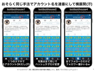 イーンスパイア（株）横田秀珠の著作権を尊重しつつ、是非ノウハウをシェアしよう！ 3
おそらく同じ手法でアカウント名を連番にして横展開(汗)
https://www.instagram.com/botibotihouse1/ https://ww...