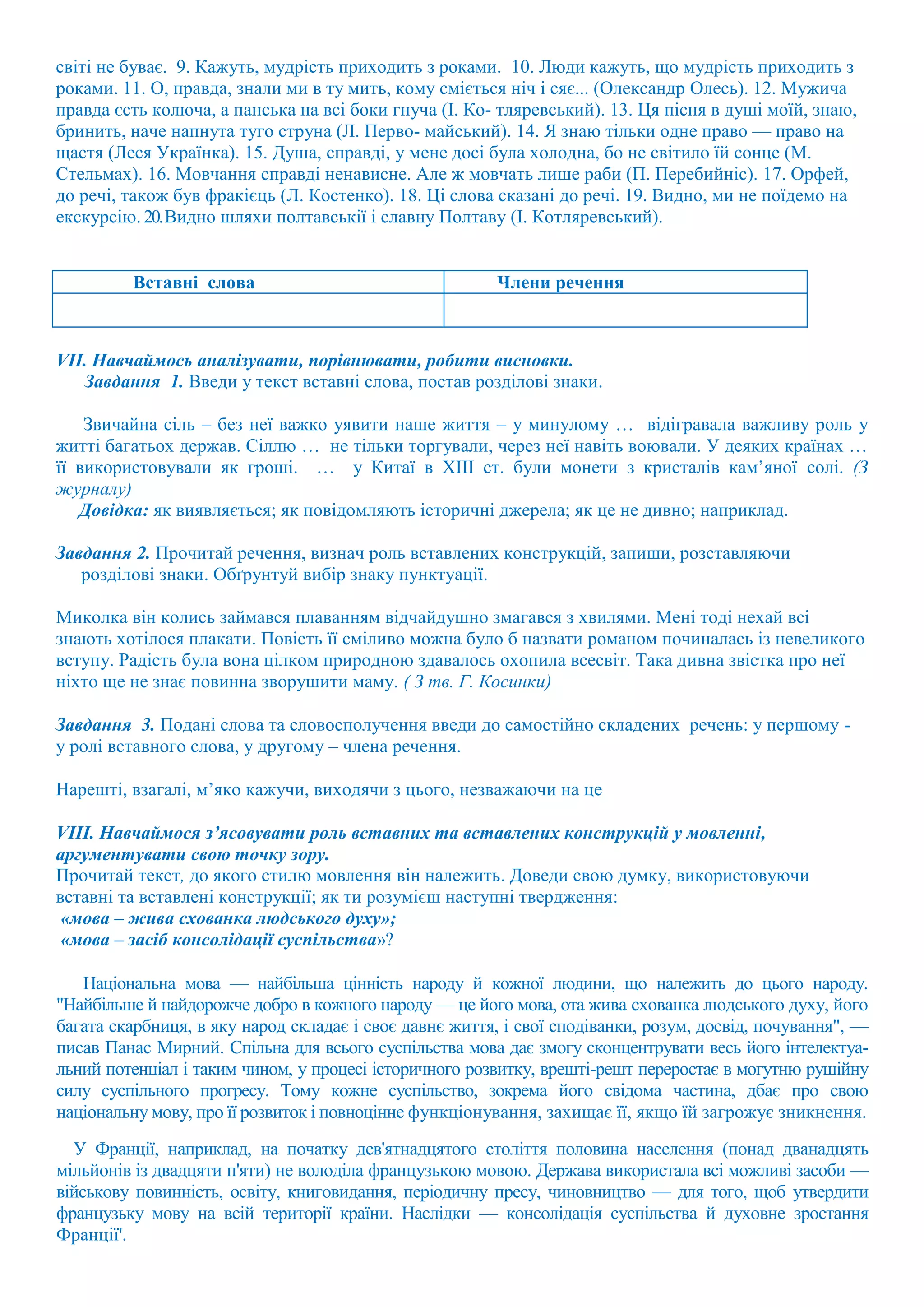 світі не буває. 9. Кажуть, мудрість приходить з роками. 10. Люди кажуть, що мудрість приходить з
роками. 11. О, правда, знали ми в ту мить, кому сміється ніч і сяє... (Олександр Олесь). 12. Мужича
правда єсть колюча, а панська на всі боки гнуча (І. Ко- тляревський). 13. Ця пісня в душі моїй, знаю,
бринить, наче напнута туго струна (Л. Перво- майський). 14. Я знаю тільки одне право — право на
щастя (Леся Українка). 15. Душа, справді, у мене досі була холодна, бо не світило їй сонце (М.
Стельмах). 16. Мовчання справді ненависне. Але ж мовчать лише раби (П. Перебийніс). 17. Орфей,
до речі, також був фракієць (Л. Костенко). 18. Ці слова сказані до речі. 19. Видно, ми не поїдемо на
екскурсію. 20.Видно шляхи полтавськії і славну Полтаву (І. Котляревський).
Вставні слова Члени речення
VII. Навчаймось аналізувати, порівнювати, робити висновки.
Завдання 1. Введи у текст вставні слова, постав розділові знаки.
Звичайна сіль – без неї важко уявити наше життя – у минулому … відігравала важливу роль у
житті багатьох держав. Сіллю … не тільки торгували, через неї навіть воювали. У деяких країнах …
її використовували як гроші. … у Китаї в ХІІІ ст. були монети з кристалів кам’яної солі. (З
журналу)
Довідка: як виявляється; як повідомляють історичні джерела; як це не дивно; наприклад.
Завдання 2. Прочитай речення, визнач роль вставлених конструкцій, запиши, розставляючи
розділові знаки. Обґрунтуй вибір знаку пунктуації.
Миколка він колись займався плаванням відчайдушно змагався з хвилями. Мені тоді нехай всі
знають хотілося плакати. Повість її сміливо можна було б назвати романом починалась із невеликого
вступу. Радість була вона цілком природною здавалось охопила всесвіт. Така дивна звістка про неї
ніхто ще не знає повинна зворушити маму. ( З тв. Г. Косинки)
Завдання 3. Подані слова та словосполучення введи до самостійно складених речень: у першому -
у ролі вставного слова, у другому – члена речення.
Нарешті, взагалі, м’яко кажучи, виходячи з цього, незважаючи на це
VIII. Навчаймося з’ясовувати роль вставних та вставлених конструкцій у мовленні,
аргументувати свою точку зору.
Прочитай текст, до якого стилю мовлення він належить. Доведи свою думку, використовуючи
вставні та вставлені конструкції; як ти розумієш наступні твердження:
«мова – жива схованка людського духу»;
«мова – засіб консолідації суспільства»?
Національна мова — найбільша цінність народу й кожної людини, що належить до цього народу.
"Найбільше й найдорожче добро в кожного народу — це його мова, ота жива схованка людського духу, його
багата скарбниця, в яку народ складає і своє давнє життя, і свої сподіванки, розум, досвід, почування", —
писав Панас Мирний. Спільна для всього суспільства мова дає змогу сконцентрувати весь його інтелектуа-
льний потенціал і таким чином, у процесі історичного розвитку, врешті-решт переростає в могутню рушійну
силу суспільного прогресу. Тому кожне суспільство, зокрема його свідома частина, дбає про свою
національну мову, про її розвиток і повноцінне функціонування, захищає її, якщо їй загрожує зникнення.
У Франції, наприклад, на початку дев'ятнадцятого століття половина населення (понад дванадцять
мільйонів із двадцяти п'яти) не володіла французькою мовою. Держава використала всі можливі засоби —
військову повинність, освіту, книговидання, періодичну пресу, чиновництво — для того, щоб утвердити
французьку мову на всій території країни. Наслідки — консолідація суспільства й духовне зростання
Франції'.
 