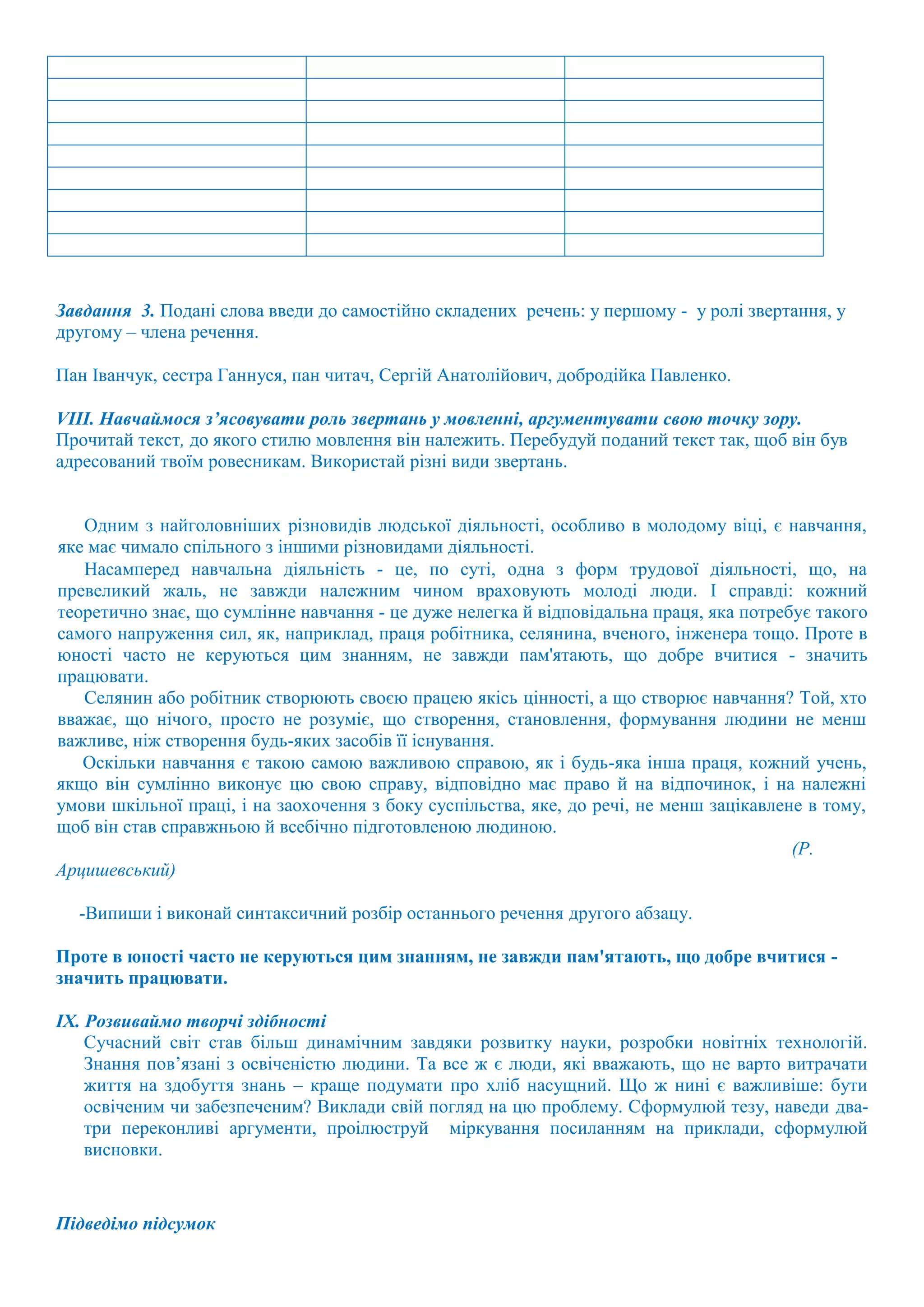 Завдання 3. Подані слова введи до самостійно складених речень: у першому - у ролі звертання, у
другому – члена речення.
Пан Іванчук, сестра Ганнуся, пан читач, Сергій Анатолійович, добродійка Павленко.
VIII. Навчаймося з’ясовувати роль звертань у мовленні, аргументувати свою точку зору.
Прочитай текст, до якого стилю мовлення він належить. Перебудуй поданий текст так, щоб він був
адресований твоїм ровесникам. Використай різні види звертань.
Одним з найголовніших різновидів людської діяльності, особливо в молодому віці, є навчання,
яке має чимало спільного з іншими різновидами діяльності.
Насамперед навчальна діяльність - це, по суті, одна з форм трудової діяльності, що, на
превеликий жаль, не завжди належним чином враховують молоді люди. І справді: кожний
теоретично знає, що сумлінне навчання - це дуже нелегка й відповідальна праця, яка потребує такого
самого напруження сил, як, наприклад, праця робітника, селянина, вченого, інженера тощо. Проте в
юності часто не керуються цим знанням, не завжди пам'ятають, що добре вчитися - значить
працювати.
Селянин або робітник створюють своєю працею якісь цінності, а що створює навчання? Той, хто
вважає, що нічого, просто не розуміє, що створення, становлення, формування людини не менш
важливе, ніж створення будь-яких засобів її існування.
Оскільки навчання є такою самою важливою справою, як і будь-яка інша праця, кожний учень,
якщо він сумлінно виконує цю свою справу, відповідно має право й на відпочинок, і на належні
умови шкільної праці, і на заохочення з боку суспільства, яке, до речі, не менш зацікавлене в тому,
щоб він став справжньою й всебічно підготовленою людиною.
(Р.
Арцишевський)
-Випиши і виконай синтаксичний розбір останнього речення другого абзацу.
Проте в юності часто не керуються цим знанням, не завжди пам'ятають, що добре вчитися -
значить працювати.
IX. Розвиваймо творчі здібності
Сучасний світ став більш динамічним завдяки розвитку науки, розробки новітніх технологій.
Знання пов’язані з освіченістю людини. Та все ж є люди, які вважають, що не варто витрачати
життя на здобуття знань – краще подумати про хліб насущний. Що ж нині є важливіше: бути
освіченим чи забезпеченим? Виклади свій погляд на цю проблему. Сформулюй тезу, наведи два-
три переконливі аргументи, проілюструй міркування посиланням на приклади, сформулюй
висновки.
Підведімо підсумок
 