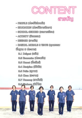 - PROFILE (ประวัติส่วนตัว)
- EDUCATION (ประวัติการศึกษา)
- SCHOOL-RECORD (ผลการเรียน)
- ACTIVITY (กิจกรรม)
- REWARD (รางวัล)
- BASICAL MORALS 8 WAYS (คุณธรรม
พื้นฐาน 8 ประการ)
3.1 Deligent (ขยัน)
3.2 Economize (ประหยัด)
3.3 Honest (ซื่อสัตย์)
3.4 Discipline (มีวินัย)
3.5 Polite (สุภาพ)
3.6 Clean (สะอาด)
3.7 Harmony (สามัคคี)
3.8 Kindnees (มีน้าใจ)
สารบัญ
CONTENT
 