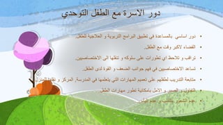 ‫التوحدي‬ ‫الطفل‬ ‫مع‬ ‫االسرة‬ ‫دور‬
•‫للطفل‬ ‫العالجية‬ ‫و‬ ‫التربوية‬ ‫البرامج‬ ‫تطبيق‬ ‫في‬ ‫بالمساعدة‬ ‫اساسي‬ ‫دور‬.
•‫الطفل‬ ‫مع‬ ‫وقت‬ ‫الكبر‬ ‫القضاء‬.
•‫االختصاصيين‬ ‫الى‬ ‫تنقلها‬ ‫و‬ ‫سلوكه‬ ‫على‬ ‫تطورات‬ ‫اي‬ ‫تالحظ‬ ‫و‬ ‫تراقب‬.
•‫الطفل‬ ‫لدى‬ ‫القوة‬ ‫و‬ ‫الضعف‬ ‫جوانب‬ ‫فهم‬ ‫في‬ ‫االختصاصيين‬ ‫تساعد‬.
•‫المدرسة‬ ‫في‬ ‫يتعلمها‬ ‫التي‬ ‫المهارات‬ ‫تعميم‬ ‫على‬ ‫لطفلهم‬ ‫التدريب‬ ‫متابعة‬,‫ل‬ ‫نقلها‬ ‫و‬ ‫المركز‬‫لمنزل‬.
•‫الطفل‬ ‫مهارات‬ ‫تطور‬ ‫بامكانية‬ ‫االمل‬ ‫و‬ ‫الصبر‬ ‫و‬ ‫التفاؤل‬.
•‫اليأس‬ ‫عدم‬ ‫و‬ ‫بالذنب‬ ‫الشعور‬ ‫عدم‬.
 