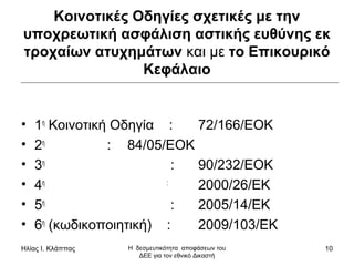 Ηλίας Ι. Κλάππας Η δεσμευτικότητα αποφάσεων του
ΔΕΕ για τον εθνικό Δικαστή
10
Κοινοτικές Οδηγίες σχετικές με την
υποχρεωτική ασφάλιση αστικής ευθύνης εκ
τροχαίων ατυχημάτων και με το Επικουρικό
Κεφάλαιο
• 1η
Κοινοτική Οδηγία : 72/166/ΕΟΚ
• 2η
: 84/05/ΕΟΚ
• 3η
: 90/232/ΕΟΚ
• 4η :
2000/26/ΕΚ
• 5η
: 2005/14/ΕΚ
• 6η
(κωδικοποιητική) : 2009/103/ΕΚ
 