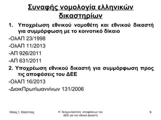 Ηλίας Ι. Κλάππας Η δεσμευτικότητα αποφάσεων του
ΔΕΕ για τον εθνικό Δικαστή
9
Συναφής νομολογία ελληνικών
δικαστηρίων
1. Υποχρέωση εθνικού νομοθέτη και εθνικού δικαστή
για συμμόρφωση με το κοινοτικό δίκαιο
-ΟλΑΠ 23/1998
-ΟλΑΠ 11/2013
-ΑΠ 926/2011
-ΑΠ 631/2011
2. Υποχρέωση εθνικού δικαστή για συμμόρφωση προς
τις αποφάσεις του ΔΕΕ
-ΟλΑΠ 16/2013
-ΔιοικΠρωτΙωαννίνων 131/2006
 