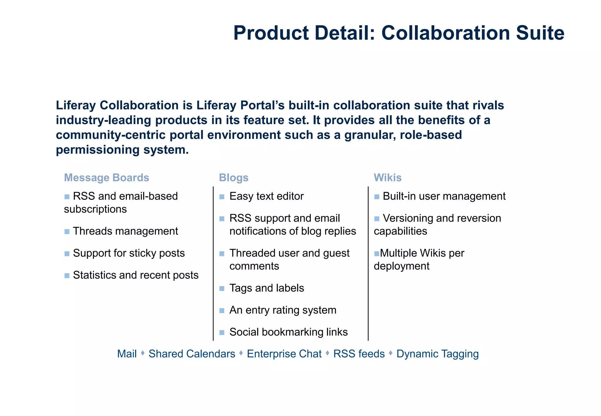 Product Detail: Collaboration Suite
Liferay Collaboration is Liferay Portal’s built-in collaboration suite that rivals
industry-leading products in its feature set. It provides all the benefits of a
community-centric portal environment such as a granular, role-based
permissioning system.
Message Boards Blogs Wikis
 RSS and email-based
subscriptions
 Threads management
 Support for sticky posts
 Statistics and recent posts
 Easy text editor
 RSS support and email
notifications of blog replies
 Threaded user and guest
comments
 Tags and labels
 An entry rating system
 Social bookmarking links
 Built-in user management
 Versioning and reversion
capabilities
Multiple Wikis per
deployment
Mail s Shared Calendars s Enterprise Chat s RSS feeds s Dynamic Tagging
 