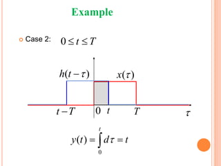  Case 2: 0 t T 
( )x 
T0
( )h t 
t T t
0
( )
t
y t d t 
Example
 