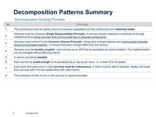 Decomposition Patterns Summary
Decomposition Guiding Principle
5 October 201917
No Principle
1. The architecture must be stable since the business capabilities and the subdomains are relatively stable.
2.
Services must be cohesive (Single Responsibility Principle). A service should implement a small set of strongly
related functions (Keep services that communicate less in separate components).
3.
Services must conform to the Common Closure Principle - things that change together and communicate intensely
should be packaged together - to ensure that each change affect only one service.
4.
Services must be loosely coupled - each service as an API that encapsulates its implementation. The implementation
can be changed without affecting clients
5. A service should be testable
6. Each service be small enough to be developed by a “two pizza” team, i.e. a team of 6-10 people
7.
Each team that owns one or more services must be autonomous. A team must be able to develop, deploy and scale
their services with minimal collaboration with other teams.
8. The emphasis should not be on the size but on above principles
 