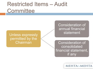 Restricted Items – Audit
Committee
Unless expressly
permitted by the
Chairman
Consideration of
annual financial
statement
Consideration of
consolidated
financial statement,
if any
 