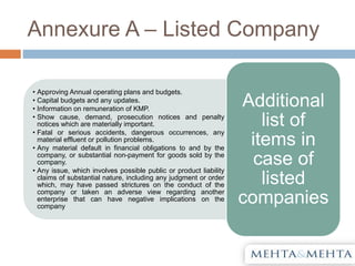 Annexure A – Listed Company
• Approving Annual operating plans and budgets.
• Capital budgets and any updates.
• Information on remuneration of KMP.
• Show cause, demand, prosecution notices and penalty
notices which are materially important.
• Fatal or serious accidents, dangerous occurrences, any
material effluent or pollution problems.
• Any material default in financial obligations to and by the
company, or substantial non-payment for goods sold by the
company.
• Any issue, which involves possible public or product liability
claims of substantial nature, including any judgment or order
which, may have passed strictures on the conduct of the
company or taken an adverse view regarding another
enterprise that can have negative implications on the
company
Additional
list of
items in
case of
listed
companies
 