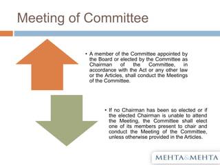 Meeting of Committee
• A member of the Committee appointed by
the Board or elected by the Committee as
Chairman of the Committee, in
accordance with the Act or any other law
or the Articles, shall conduct the Meetings
of the Committee.
• If no Chairman has been so elected or if
the elected Chairman is unable to attend
the Meeting, the Committee shall elect
one of its members present to chair and
conduct the Meeting of the Committee,
unless otherwise provided in the Articles.
 