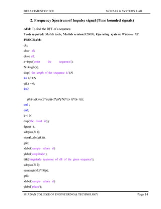 DEPARTMENT OF ECE SIGNALS & SYSTEMS LAB
Page 14SHADAN COLLEGE OF ENGINEERING& TECHNOLOGY
2. Frequency Spectrum of Impulse signal (Time bounded signals)
AIM: To find the DFT of a sequence.
Tools required: Matlab tools, Matlab version:R2009b, Operating system: Windows XP.
PROGRAM:
clc;
clear all;
close all;
a=input('enter the sequence:');
N=length(a);
disp(' the length of the sequence is:');N
for k=1:N
y(k) = 0;
for2
y(k)=y(k)+a(i)*exp((-2*pi*j/N)*((i-1)*(k-1)));
end ;
end;
k=1:N
disp('the result is');y
figure(1);
subplot(211);
stem(k,abs(y(k)));
grid;
xlabel('sample values n')
ylabel('amplitude');
title('magnitude response of dft of the given sequence');
subplot(212);
stem(angle(y(k))*180/pi);
grid;
xlabel('sample values n')
ylabel('phase');
 