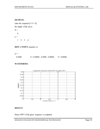 DEPARTMENT OF ECE SIGNALS & SYSTEMS LAB
Page 19SHADAN COLLEGE OF ENGINEERING& TECHNOLOGY
OUTPUTS:
enter the sequence:[1 0 1 0]
the length of the seq is
N =
4
n =
1 2 3 4
IDFT of INPUT sequence is:
y1 =
0.5000 0 + 0.0000i 0.5000 - 0.0000i 0 + 0.0000i
WAVEFORMS:
RESULT:
Hence IDFT of the given sequence is computed.
 