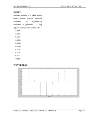 DEPARTMENT OF ECE SIGNALS & SYSTEMS LAB
Page 21SHADAN COLLEGE OF ENGINEERING& TECHNOLOGY
OUTPUT:
difference equation of a digital system
desired impulse response length=10
coefficients of x[n]terms=[1]
coefficients of y[n]terms=[1 -1 0.9]
impulse response of the system is h=
1.0000
1.0000
0.1000
-0.8000
-0.8900
-0.1700
0.6310
0.7840
0.2161
-0.4895
WAVEFORM:
 