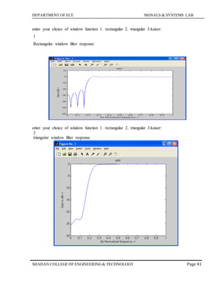 DEPARTMENT OF ECE SIGNALS & SYSTEMS LAB
Page 41SHADAN COLLEGE OF ENGINEERING& TECHNOLOGY
enter your choice of window function 1. rectangular 2. triangular 3.kaiser:
1
Rectangular window filter response
enter your choice of window function 1. rectangular 2. triangular 3.kaiser:
2
triangular window filter response
 