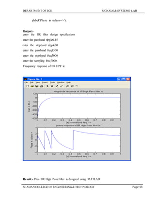 DEPARTMENT OF ECE SIGNALS & SYSTEMS LAB
Page 44SHADAN COLLEGE OF ENGINEERING& TECHNOLOGY
ylabel('Phase in radians-->');
Output:-
enter the IIR filter design specifications
enter the passband ripple0.15
enter the stopband ripple60
enter the passband freq1500
enter the stopband freq3000
enter the sampling freq7000
Frequency response of IIR HPF is:
Result:- Thus IIR High Pass Filter is designed using MATLAB.
 