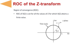 ROC of the Z-transform
Region of convergence (ROC):
• ROC of X(Z) is set for all the values of Z for which X(Z) attains a
finite value.
 