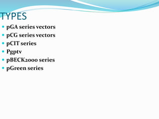 TYPES
 pGA series vectors
 pCG series vectors
 pCIT series
 Pgptv
 pBECK2000 series
 pGreen series
 
