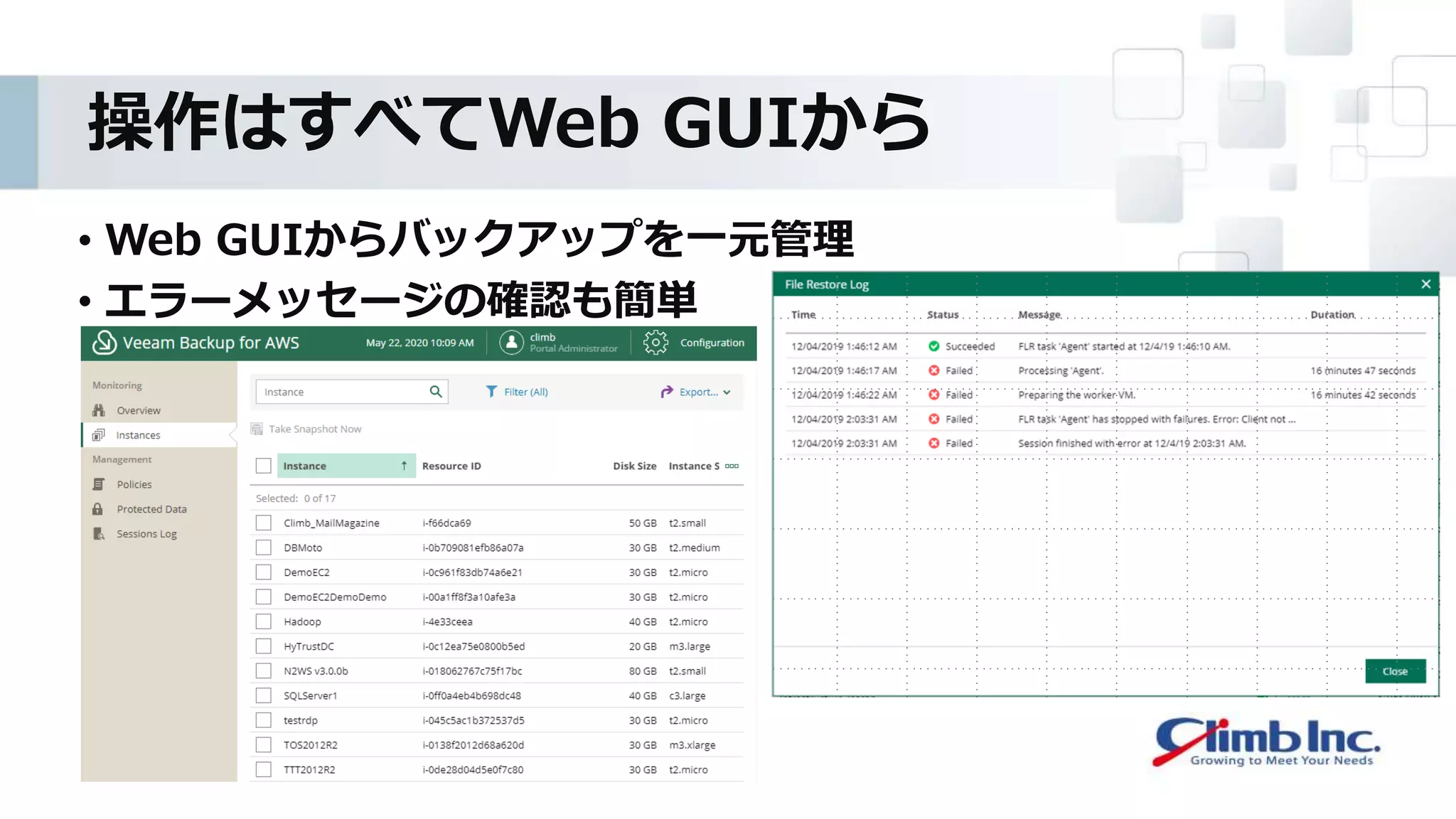 操作はすべてWeb GUIから
• Web GUIからバックアップを一元管理
• エラーメッセージの確認も簡単
 