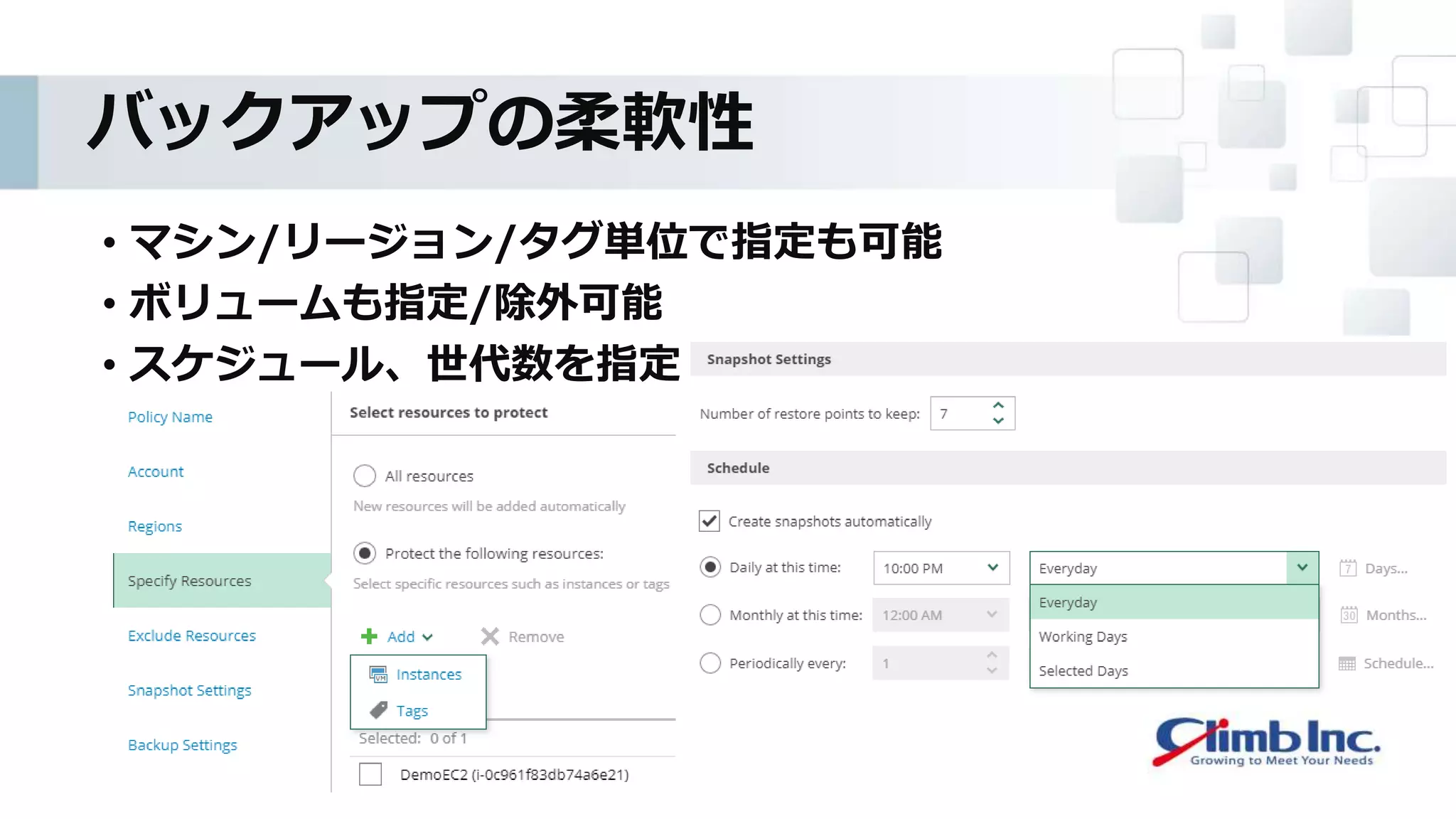 バックアップの柔軟性
• マシン/リージョン/タグ単位で指定も可能
• ボリュームも指定/除外可能
• スケジュール、世代数を指定
 