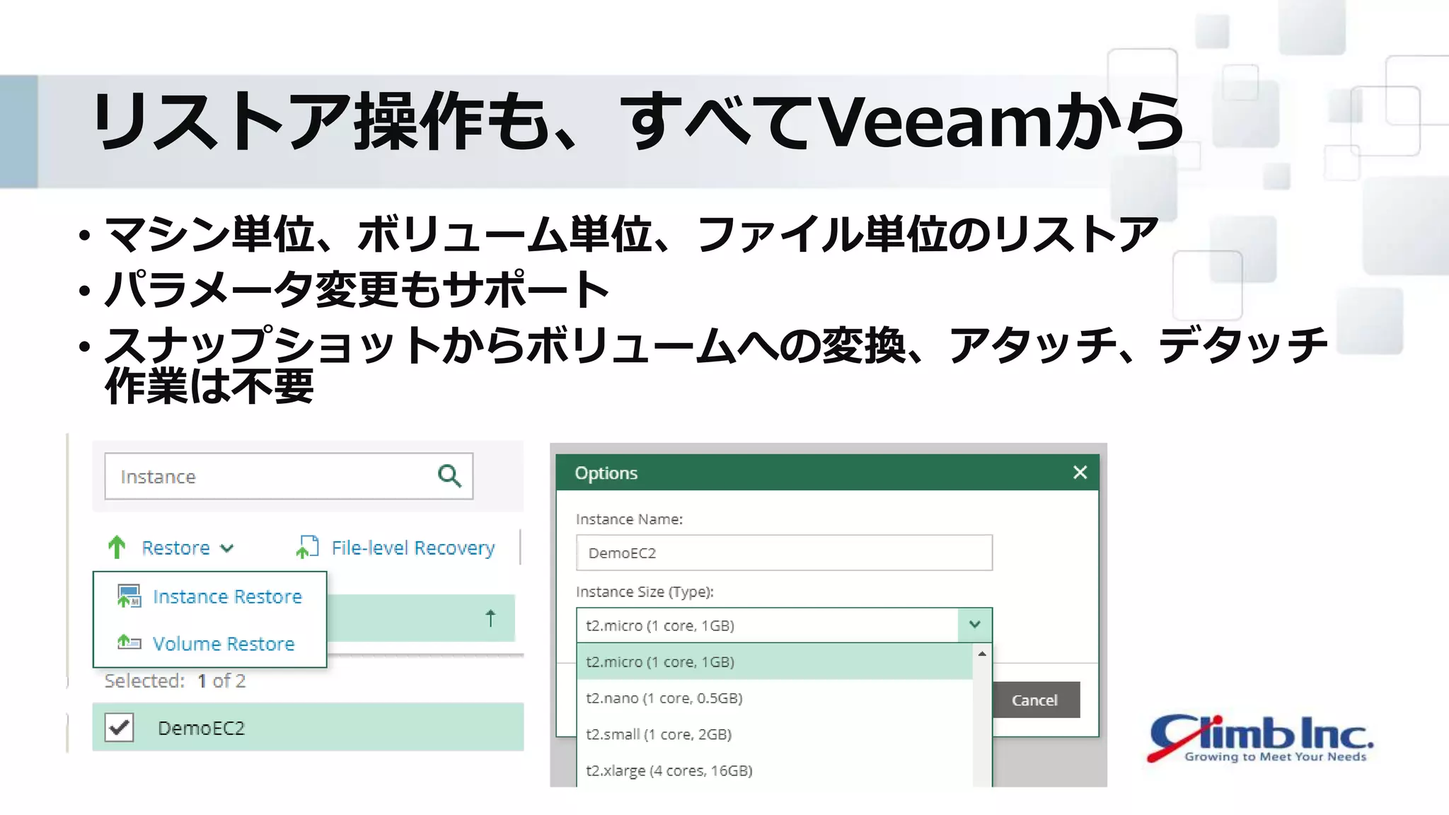 リストア操作も、すべてVeeamから
• マシン単位、ボリューム単位、ファイル単位のリストア
• パラメータ変更もサポート
• スナップショットからボリュームへの変換、アタッチ、デタッチ
作業は不要
 