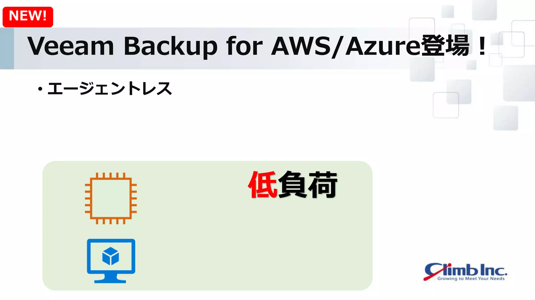 Veeam Backup for AWS/Azure登場！
• エージェントレス
NEW!
低負荷
 