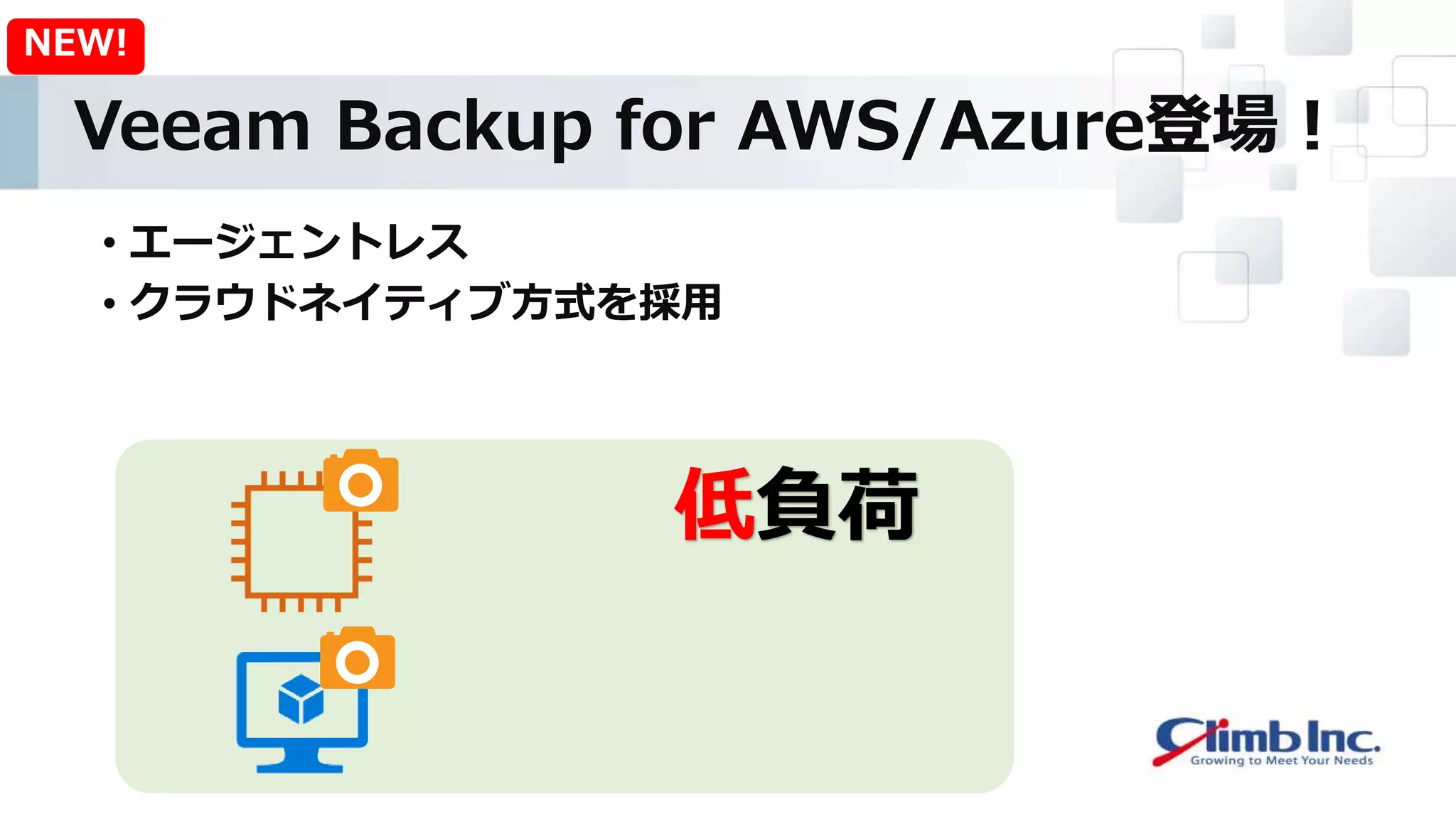 Veeam Backup for AWS/Azure登場！
• エージェントレス
• クラウドネイティブ方式を採用
NEW!
低負荷
 