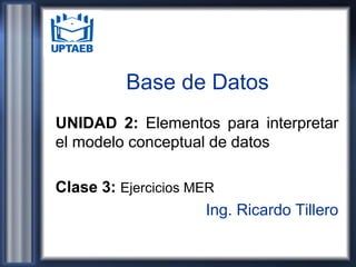 Base de Datos
UNIDAD 2: Elementos para interpretar
el modelo conceptual de datos
Clase 3: Ejercicios MER
Ing. Ricardo Tillero
 
